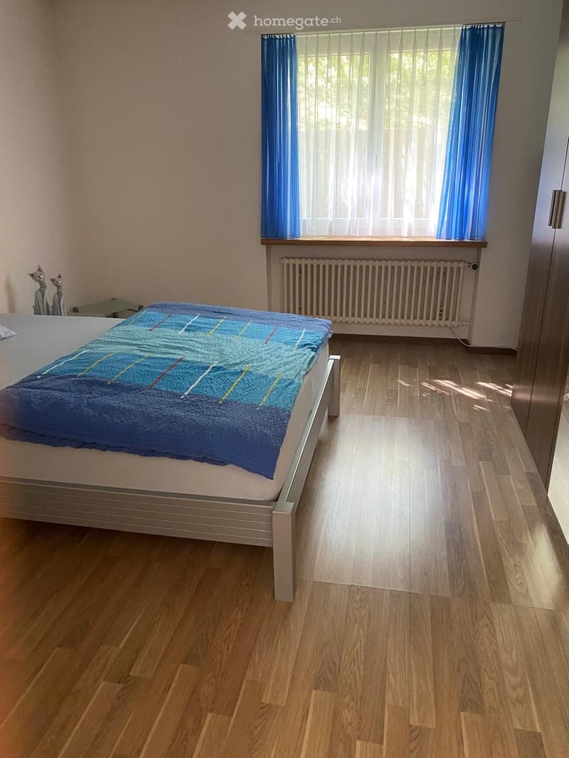 bedroom with bed, wooden floor, white walls, blue curtains, radiator, cat statues, small table