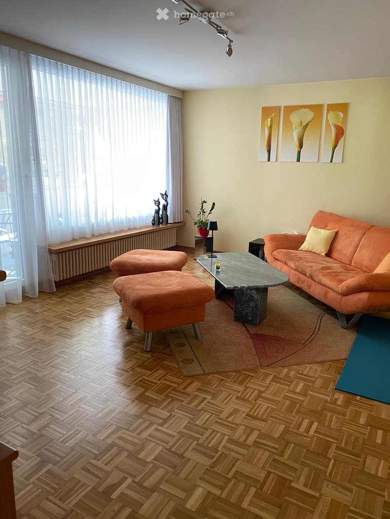 Living room with wooden parquet floor, beige walls, large window with white curtains, orange sofa, two orange ottomans, coffee table, plant, three paintings, radiator, ceiling lights