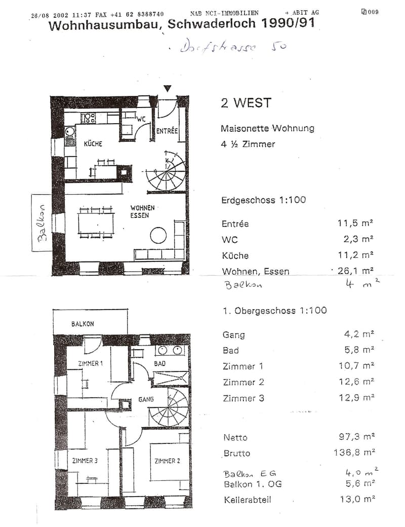 Floor Plan. Floor plan of a 4.5-room maisonette apartment with two levels. Ground floor includes entrance, WC, kitchen, living/dining area, and balcony. Upper floor includes hallway, bathroom, and three bedrooms.
