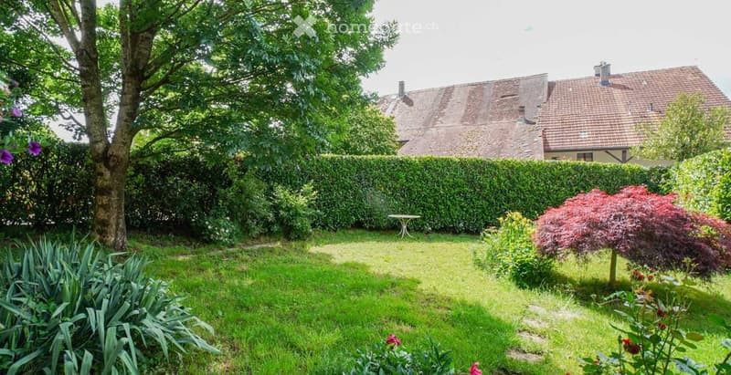 Well-maintained garden with a neatly trimmed hedge, a large tree, a small table, and various flowering plants and shrubs.