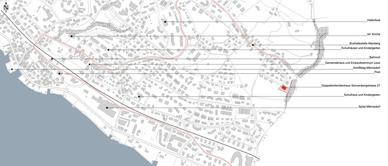 Map showing the location of Doppelfamilienhaus Sonnenbergstrasse 27 within an urban area, with surrounding landmarks and transportation routes indicated.