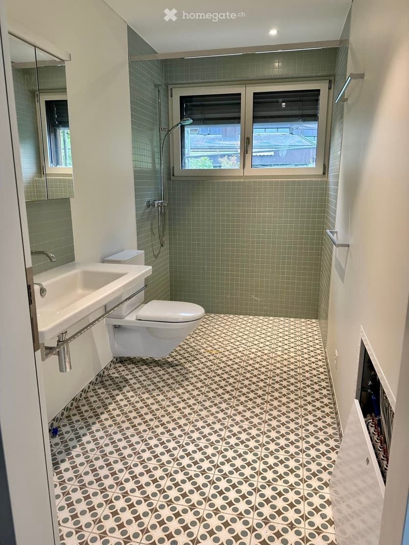 Modern bathroom with green tiled walls, a white sink, toilet, and a shower area with a glass door. The floor features a patterned tile design.