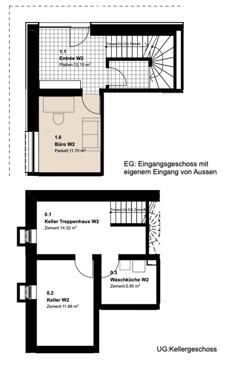 Floor plan of a two-story building with an entrance, office, staircase, and basement areas including a utility room and storage space.