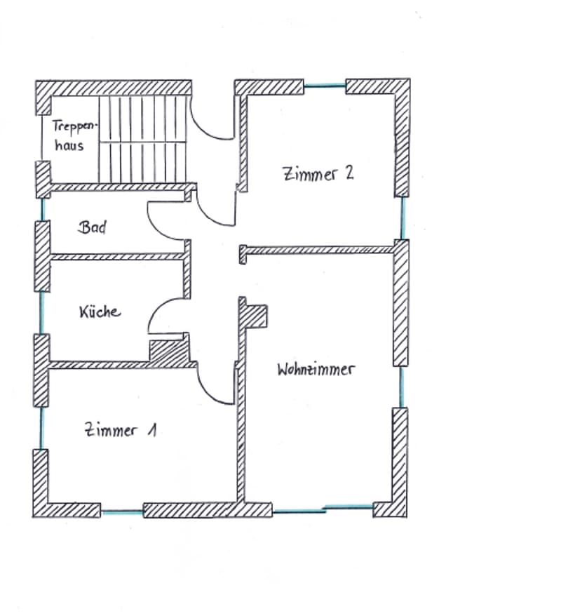 Floor plan of a house with six rooms: living room, kitchen, bathroom, two bedrooms, and staircase.