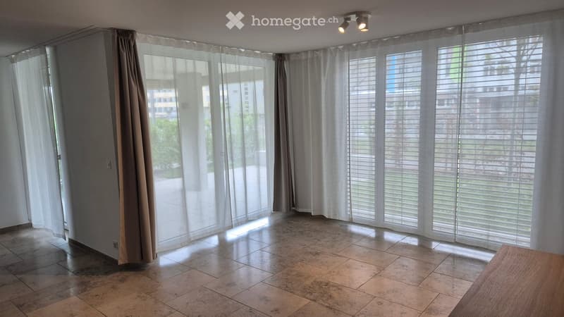 large windows, balcony, tiled floor, white curtains, ceiling lights