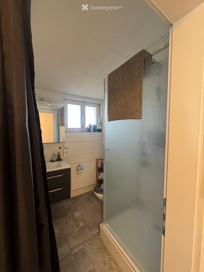 Modern bathroom with a glass-enclosed shower, a sink with a mirror, a toilet, and a towel hanging on the shower door. The room features tiled walls and a window with blinds.