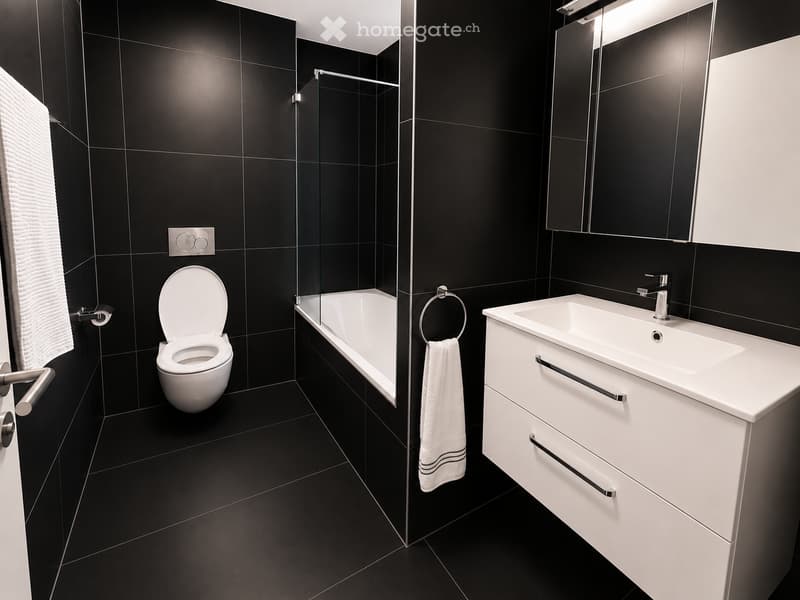 Modern bathroom with black tiled walls and floor, white fixtures including a toilet, bathtub, sink, and mirrored cabinet. A white towel hangs on a ring.