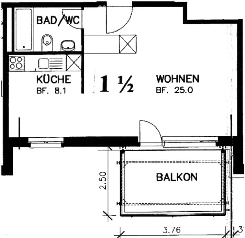 Floor plan of a 1.5-room apartment with a kitchen, bathroom/WC, living area, and balcony.