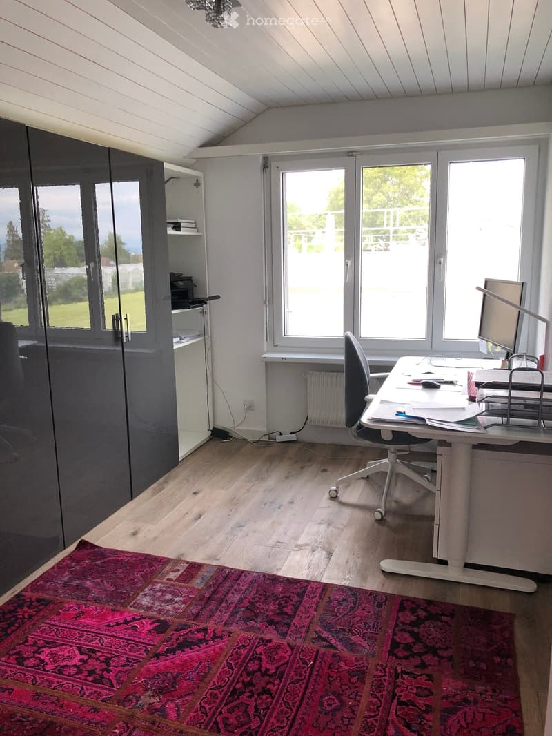 Bright, modern room with wooden flooring, large windows, a desk with a chair, a screen, a printer, and a shelf. A colorful rug is placed on the floor.