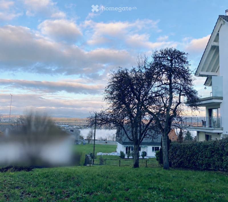 A modern two-story house with white exterior and large windows, situated on a grassy lawn with a tree in front. The house features a balcony on the upper level and is surrounded by a serene landscape with distant hills and a partly cloudy sky.