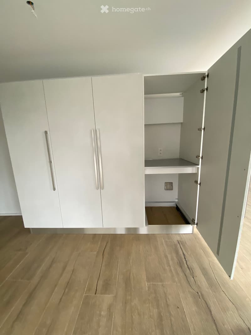 Empty room with light wooden flooring and white built-in cabinets, one of which is open, revealing shelves and storage space.