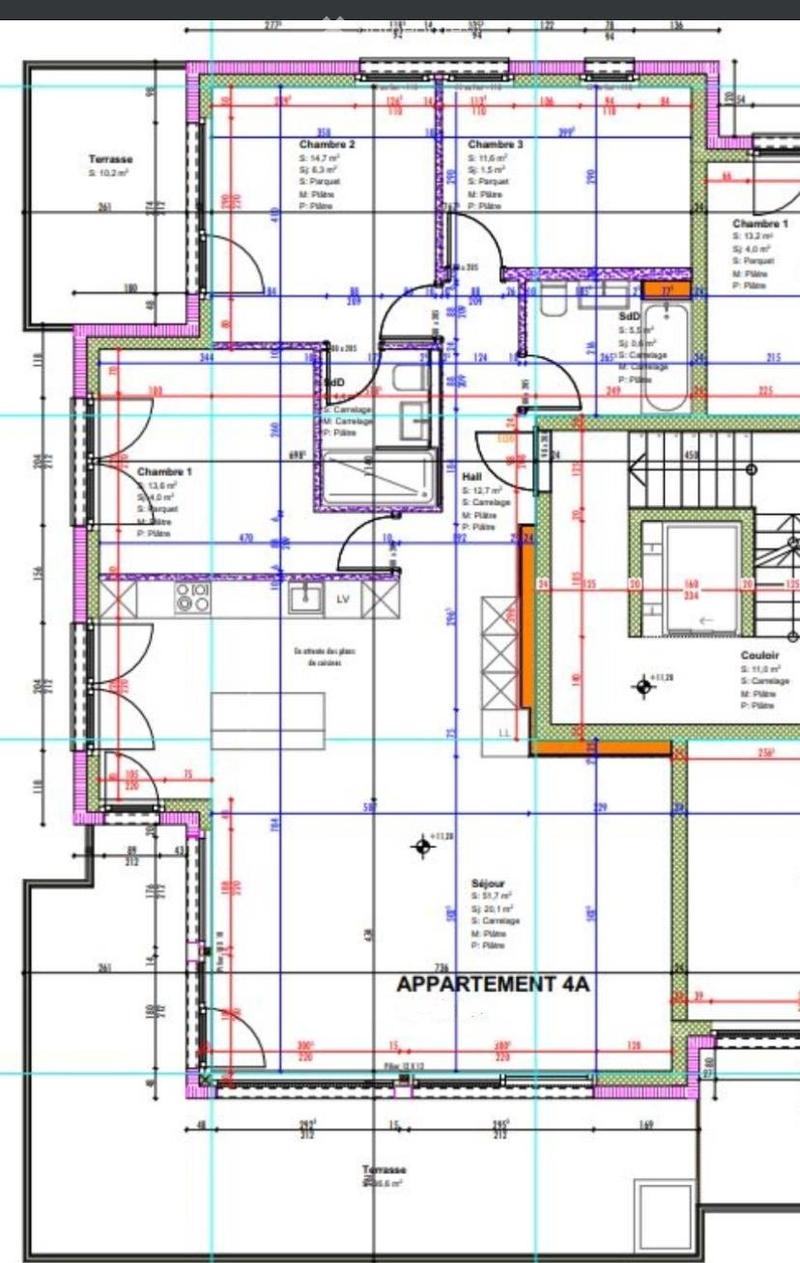Floor plan of apartment 4A showing multiple rooms including bedrooms, living room, kitchen, bathrooms, and terraces.