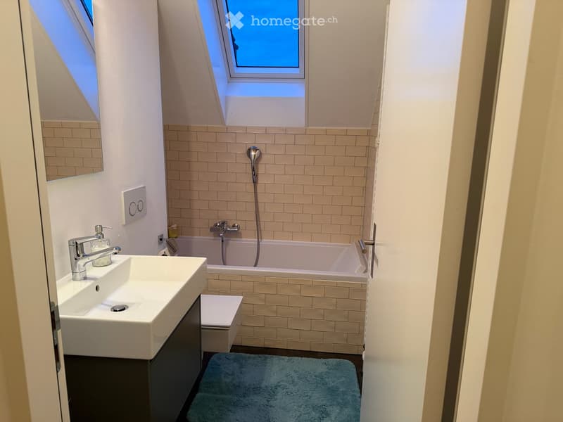 Modern bathroom with a white sink, chrome faucet, bathtub, mirror, toilet, and a blue bathroom rug.