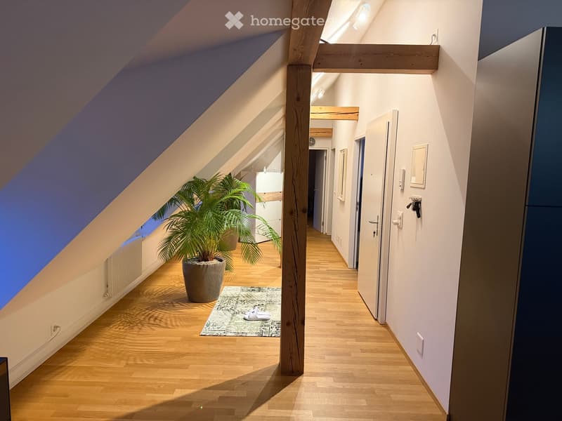 Bright, wooden-floored hallway with slanted ceiling, potted plant, small rug, and white slippers on the floor.