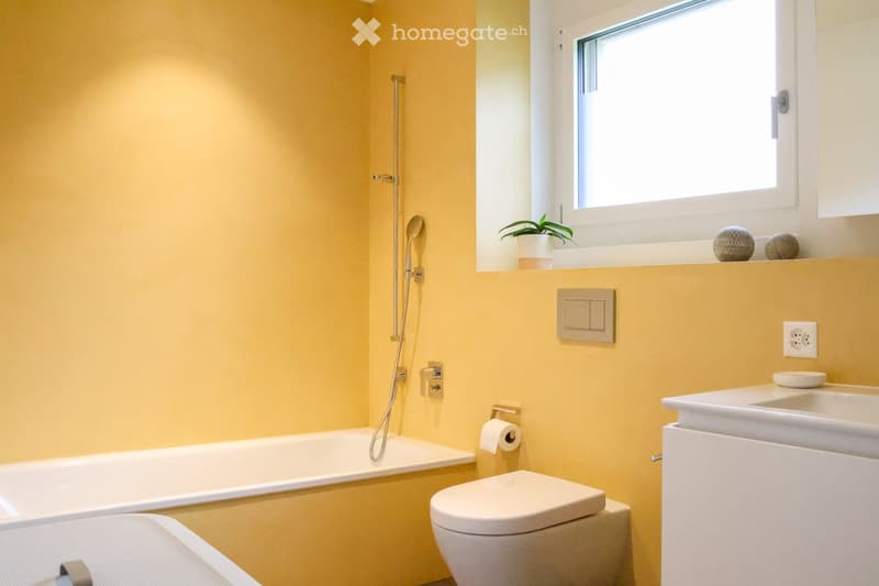 Bright yellow bathroom with a bathtub, toilet, sink, shower hose, toilet paper holder, a small plant on the windowsill, and two decorative spheres.