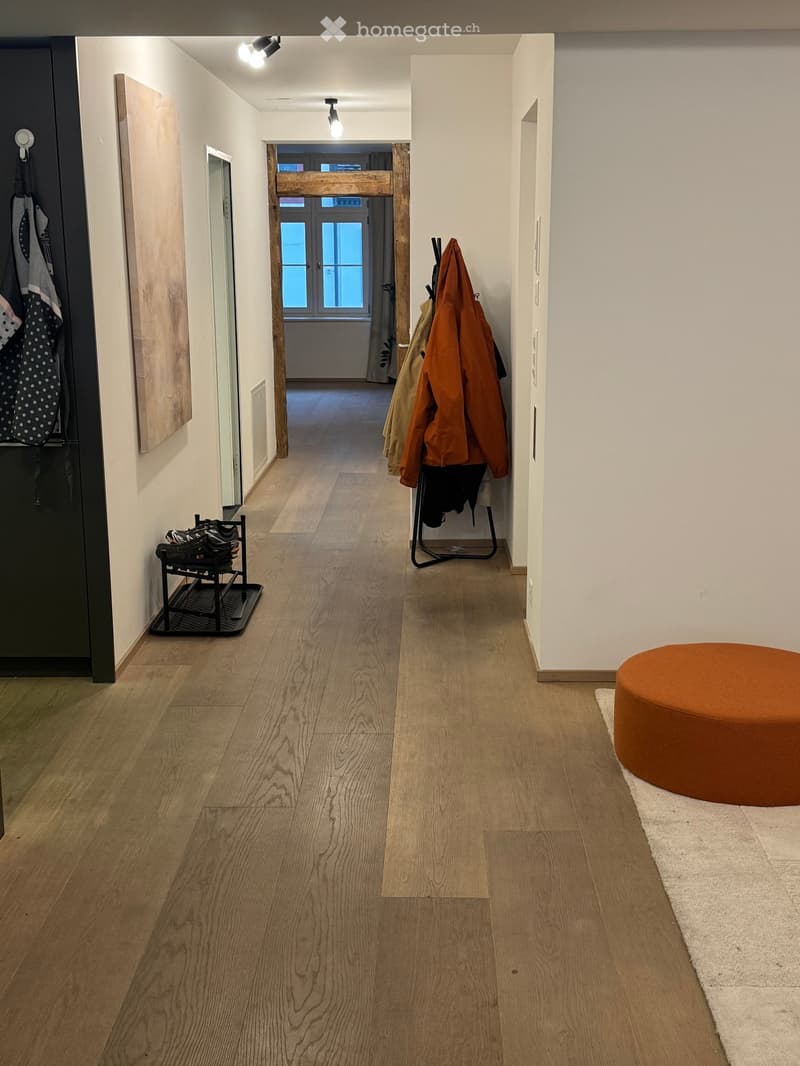 Clean, modern hallway with light wooden flooring, white walls, and recessed lighting. Features include a coat rack with jackets, a shoe rack, and a small orange ottoman near the end.