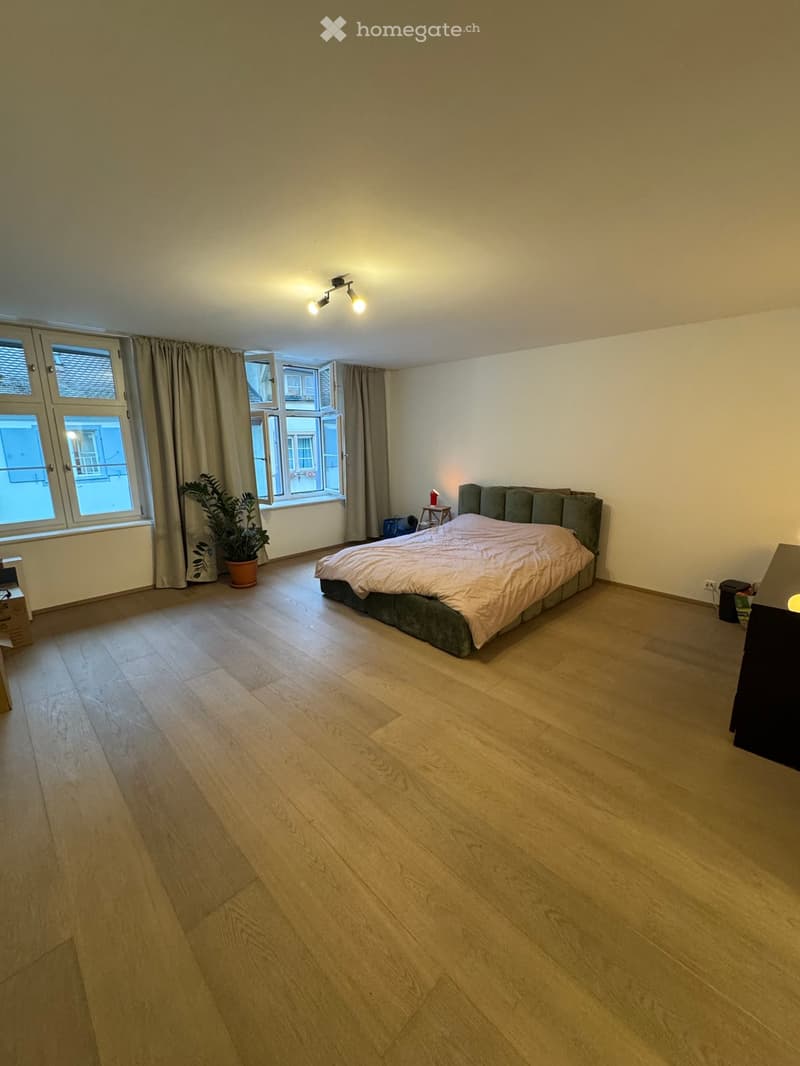 Spacious bedroom with wooden flooring, large windows with curtains, a neatly made bed, a nightstand, and a potted plant near the window.