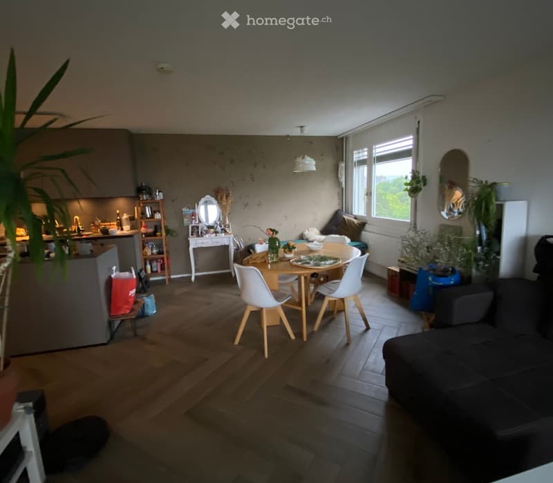 Open-plan living and dining area with wooden flooring, a sofa, dining table with chairs, kitchen counter, and decorative items including a mirror and plants.