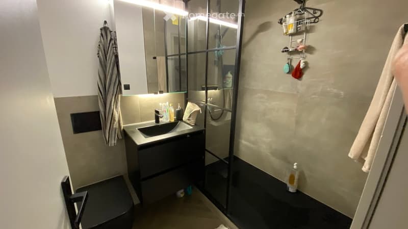 Modern bathroom with a sink, mirror, toilet, and a glass-enclosed shower. Features include a towel hanging on the wall, a soap dispenser, and a small cabinet under the sink.