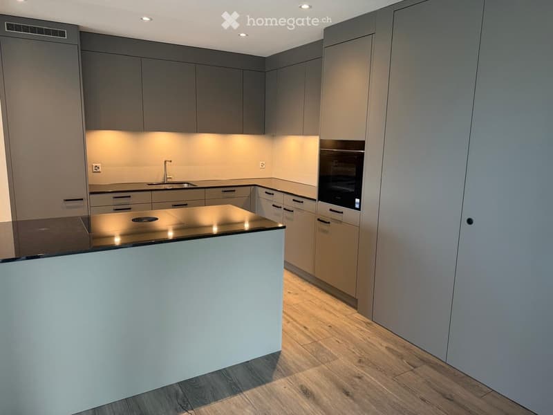 Modern kitchen with grey cabinets, a central island, and built-in appliances including a sink, faucet, and oven. The space features a sleek, contemporary design with warm lighting and wooden flooring.