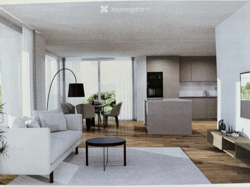 open floor plan, living room, dining area, kitchen, balcony, windows