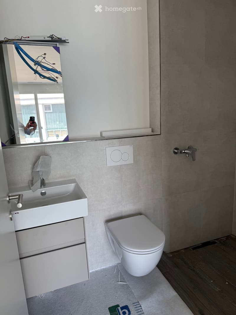 Modern bathroom with a white sink, toilet, mirror, and cabinet. The walls are tiled in a light grey color, and the floor is wooden.