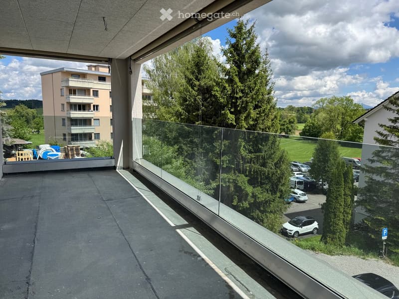 Balcony / Terrace. Modern balcony with glass railing, overlooking a parking area and green landscape with trees and buildings in the background.