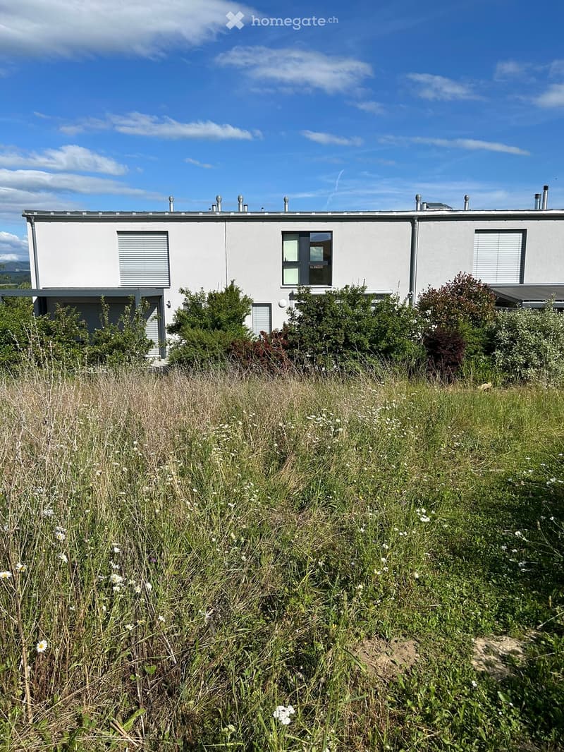 Modern single-story house with white exterior, large window, and small garden area.
