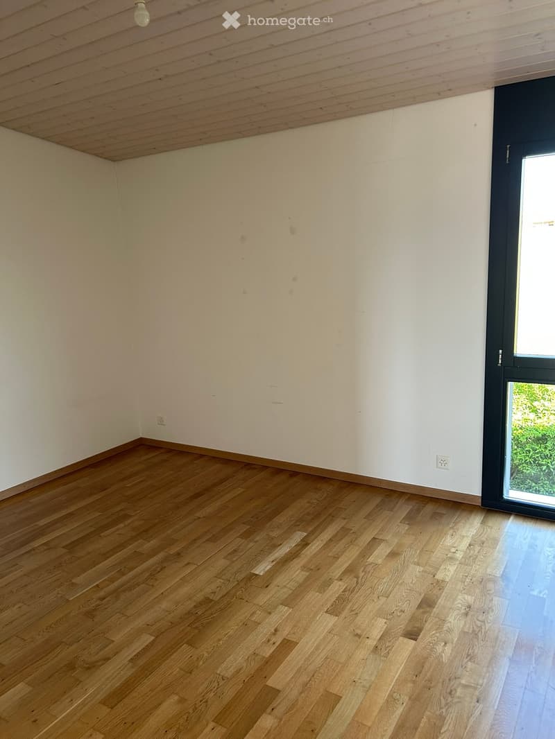 Empty room with light wooden flooring and white walls, featuring a large window with a black frame and a visible light fixture on the ceiling.