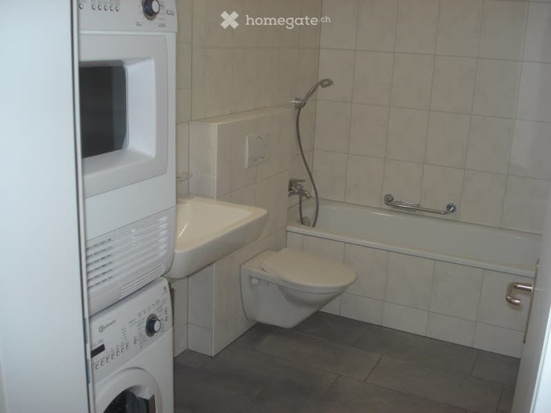 Compact bathroom with a sink, toilet, bathtub with a shower, and a private washing machine stacked vertically.