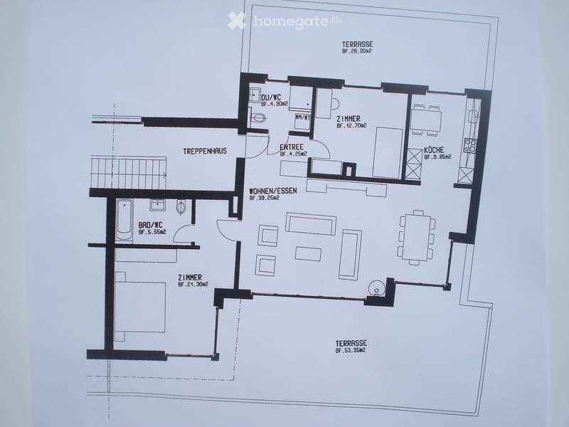 Floor plan of a residential space featuring a living/dining area, kitchen, two bedrooms, two bathrooms, and two terraces.