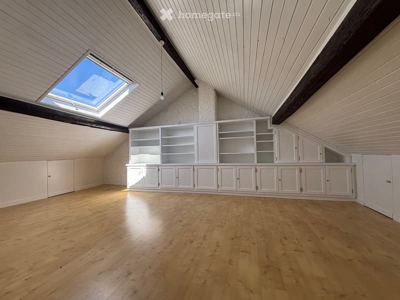 Bright, empty attic room with wooden flooring, white built-in cabinetry, and a skylight window allowing natural light.