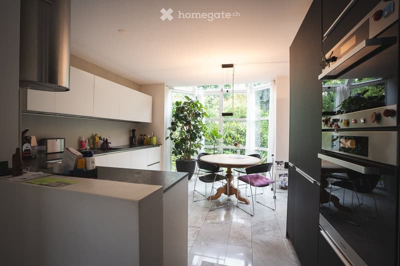 Modern kitchen with white cabinets, black countertop, built-in oven, dining area with round table and chairs, and a large potted plant near the window.