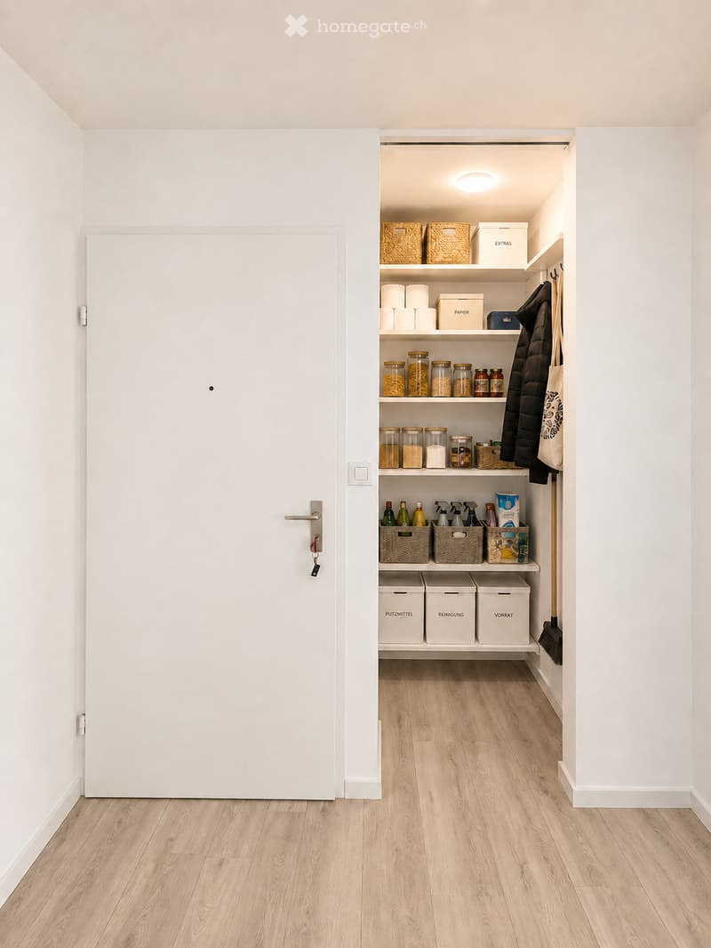 An empty room with light wooden flooring and white walls. A closed white door is visible on the left, and an open closet on the right contains various storage items, including jars, boxes, and cleaning supplies.