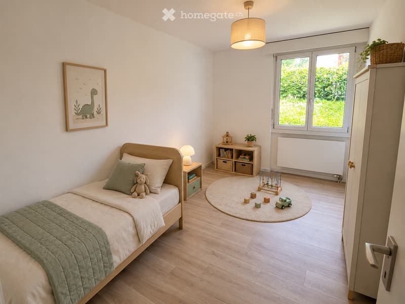 Cozy children's bedroom with a single bed, nightstand, round rug, and various toys including a play structure, toy car, and blocks. Features a framed picture of a dinosaur, a small bookshelf with books and storage bins, and a large window with a view of g