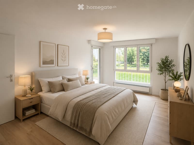 Modern bedroom with a large bed, nightstands, lamps, a mirror, and a plant. Large windows and a door lead to an outdoor area.
