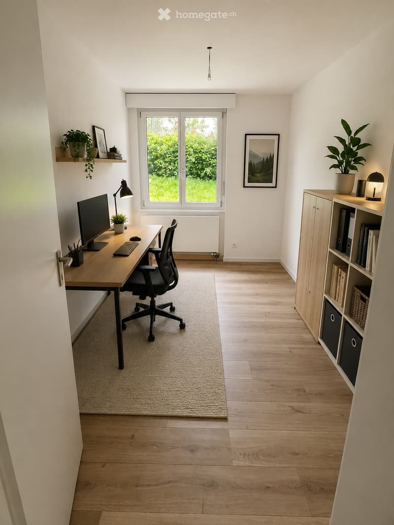 Bright, modern home office with wooden flooring, large window, desk with computer setup, ergonomic chair, bookshelf, and decorative plants.