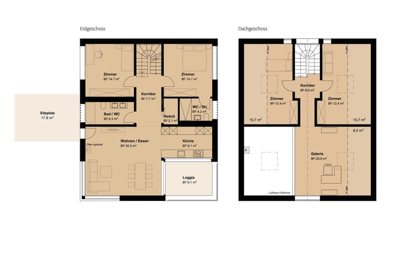 Floor plan of a two-story apartment with living/dining area, kitchen, two bedrooms, bathroom, hallway, and attic space with gallery and additional rooms.