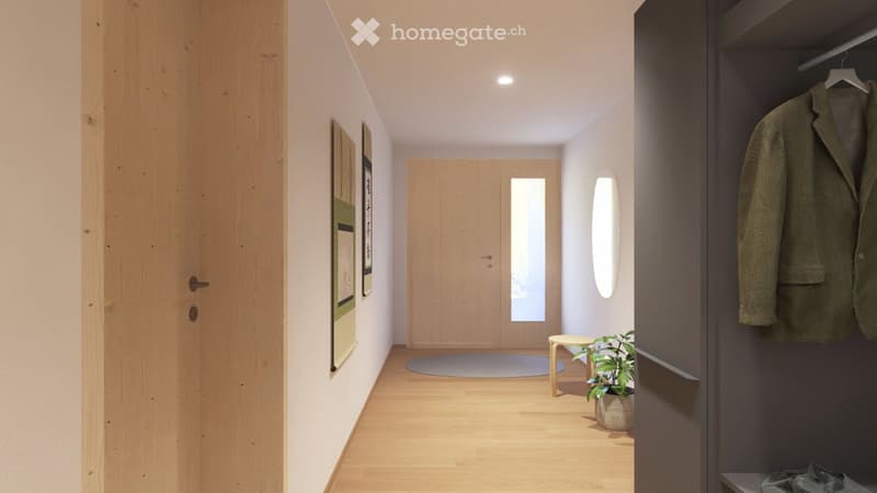 Modern hallway with light wooden flooring, white walls, and a coat rack with a jacket. Features a small plant in a pot, a round rug, and a framed artwork on the wall.