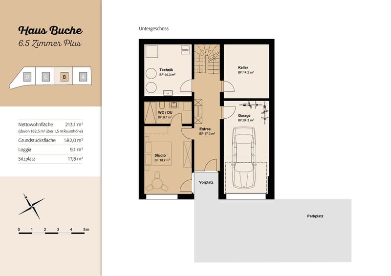 Floor plan of a6.5-room house with basement, including studio, WC/DU, entrance, garage, and parking space.