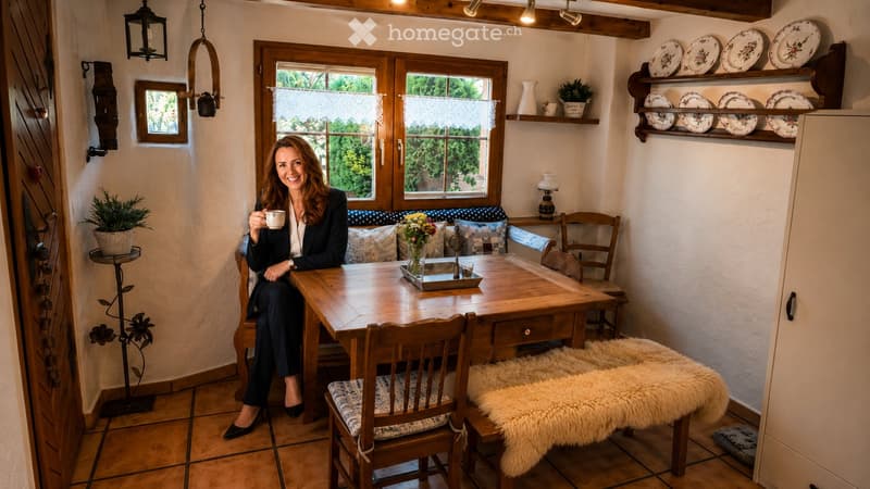A cozy, rustic dining area with wooden furniture, a bench seating, a small table, and decorative plates on shelves.