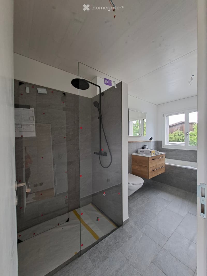 Bathroom. Modern bathroom with a glass-enclosed shower, toilet, sink, and mirror. Grey tiles and wooden vanity.