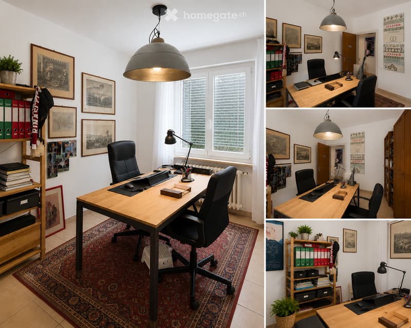 Modern office space with wooden desk, ergonomic chair, large pendant light, shelves with books and framed artwork, potted plants, and a cozy rug.