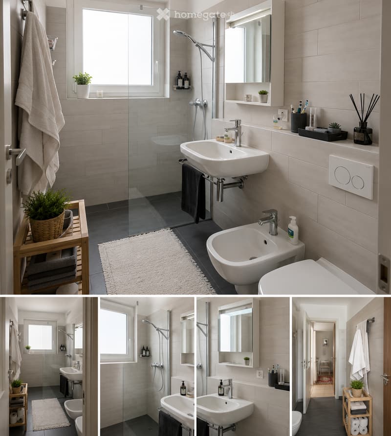 Modern bathroom with a glass-enclosed shower, double sink vanity, toilet, large mirror, and decorative plants. Features include a towel rack, a small wooden shelf, and a plush white rug.