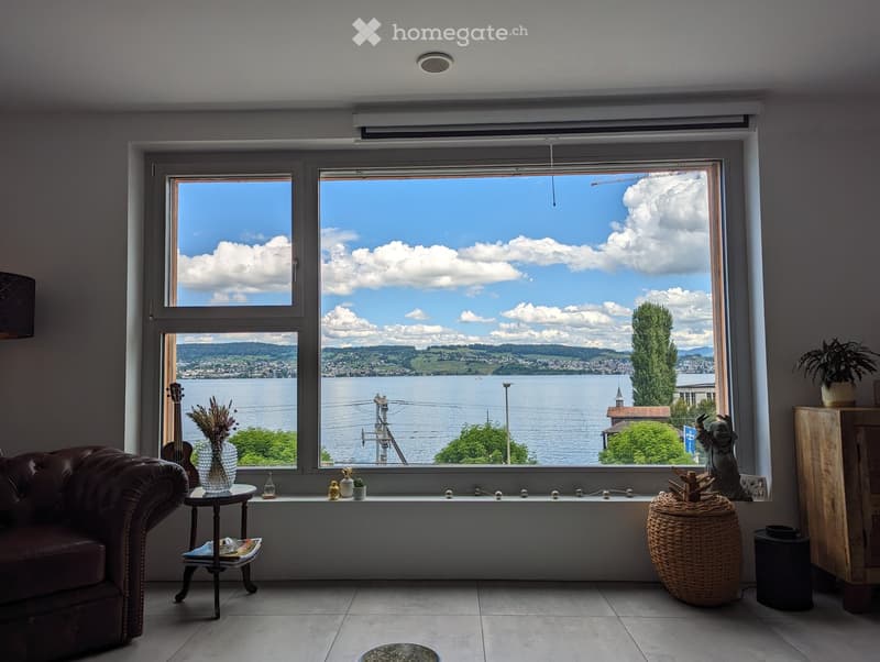 Bright living room with large windows offering a scenic lake view, featuring a brown leather sofa, small table with decorative items, guitar, and potted plants.