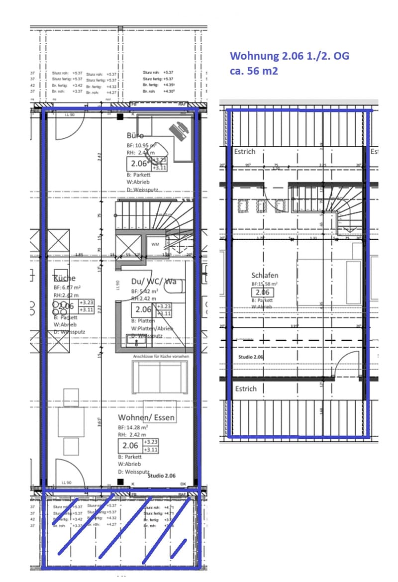 Floor plan of a 56 m² apartment on the 1st and 2nd floors, including a kitchen, living/dining area, bedroom, bathroom, and hallway.