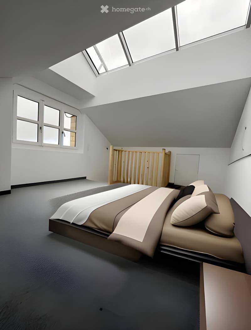 minimalist style bedroom, bed, beige carpet, white walls, window, attic, small desk