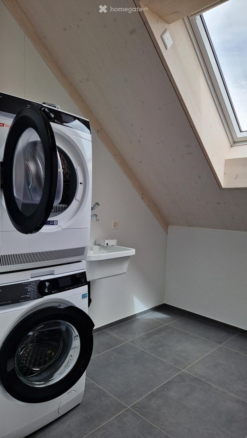 Modern bathroom with a washing machine, a sink, and a skylight window.