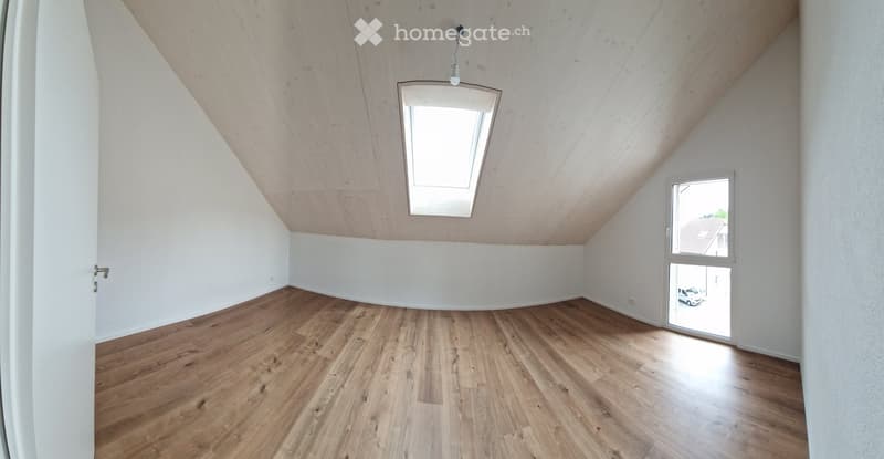 Empty attic room with wooden flooring, white walls, and a skylight window. The room features a slanted wooden ceiling and a door leading outside.