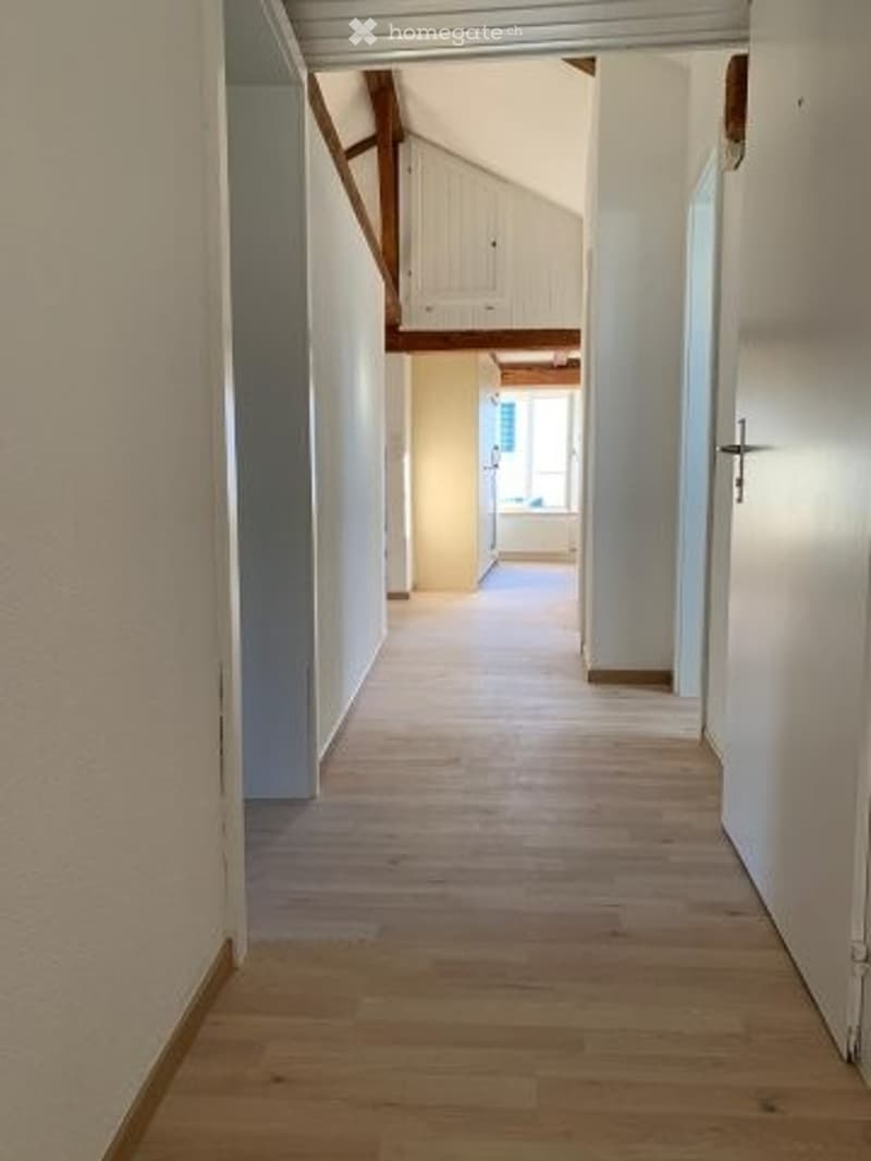 Empty hallway with light wooden flooring, white walls, and exposed wooden beams on the ceiling. The hallway leads to another room with visible furniture.